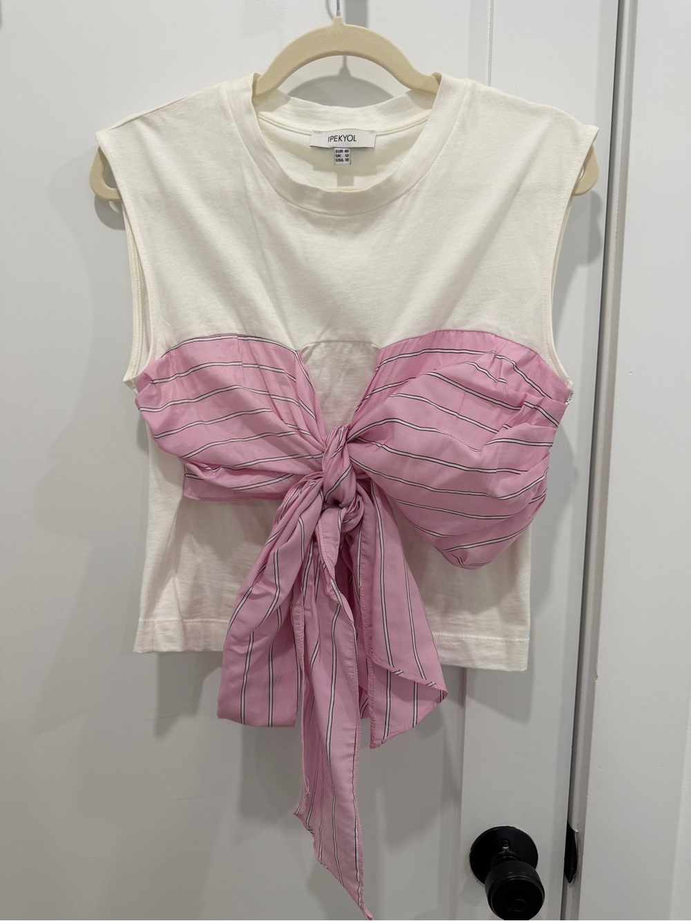 Ipekyol White Sleeveless Top with Pink Tie-Front Detail